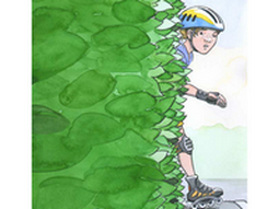 Illustration av pojke som tittar fram bakom en hög häck. Han har på sig cykelhjälm och knäskydd.