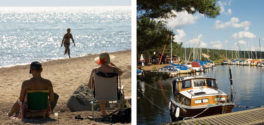 Två bilder, på den första sitter två personer i solstolar vid stranden i Baskarp. Den andra bilden visar några båtar i Svedåns hamn.