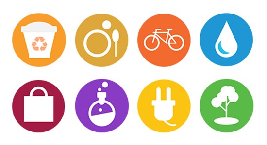 Symboler för avfall, mat, cykel, vatten, shopping, kemikalier, el och natur.