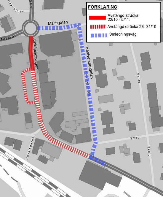 Karta som visar omledningsvägen via Hantverkaregatan