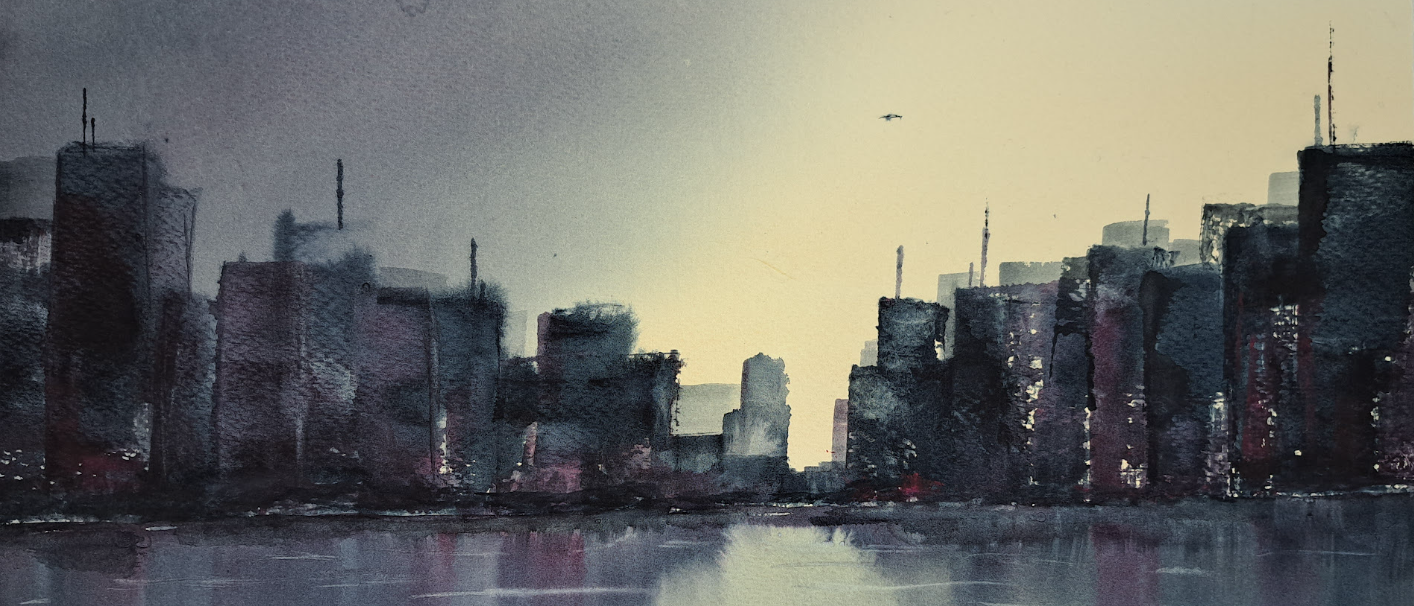 Akvarell av storstadssilhuett