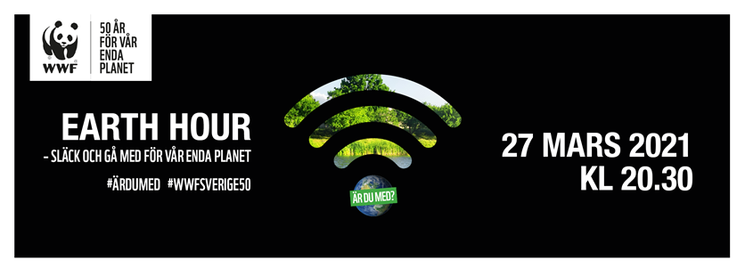 Earth Hour logotyp och uppmaning att släcka den 27 mars kl 20.30