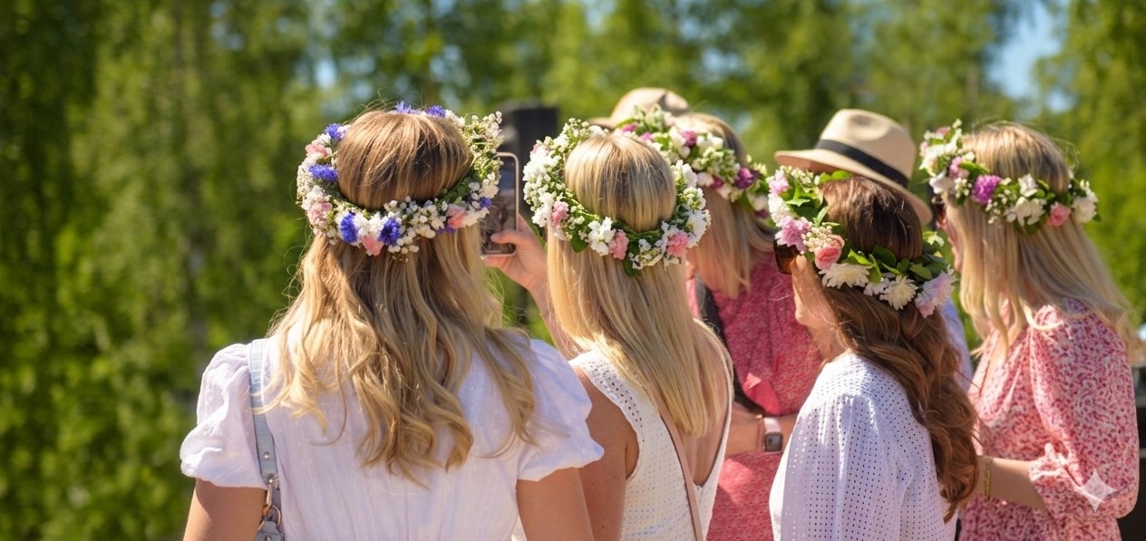 Kvinnor i midsommarkransar och klänningar