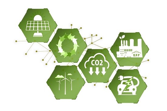 Symboler för förnybar energi (solceller, vindkraft, laddfordon m.m.)