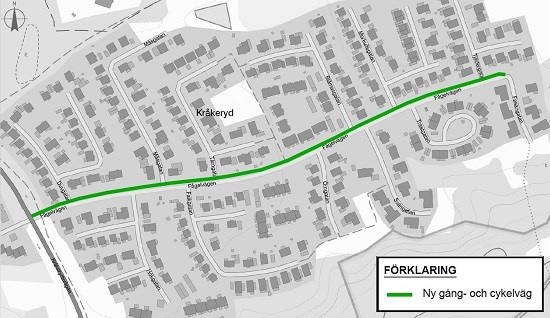 Karta som visar den nya gång- och cykelvägen placering utmed norra sidan av Fågelvägen