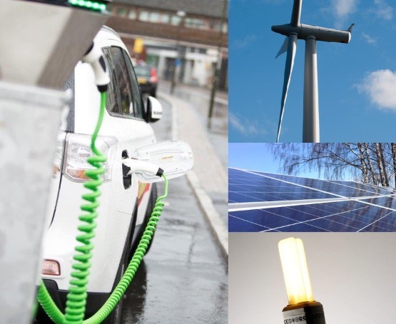 Kollage av elbil som laddas, ett vindkraftverk, solcellspaneler och en glödlampa